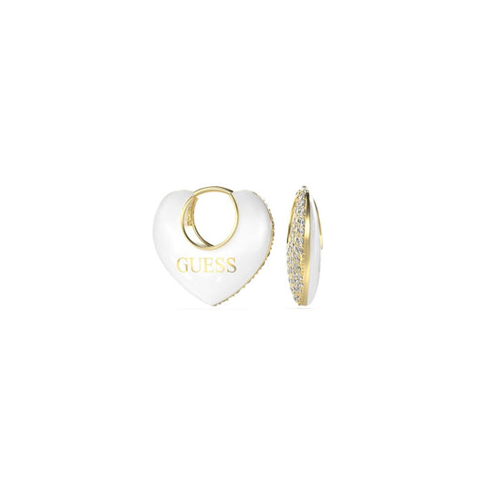 Witte Guess oorbellen met elegant hartdesign en gouden accenten.