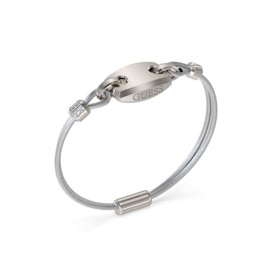 Zilverkleurige Guess armband met elegant design en logo, voor de moderne vrouw.