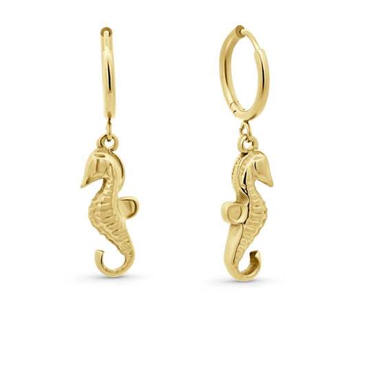 Gouden CO88 Collection oorbellen met elegante zeepaardjes, perfect voor elke gelegenheid.