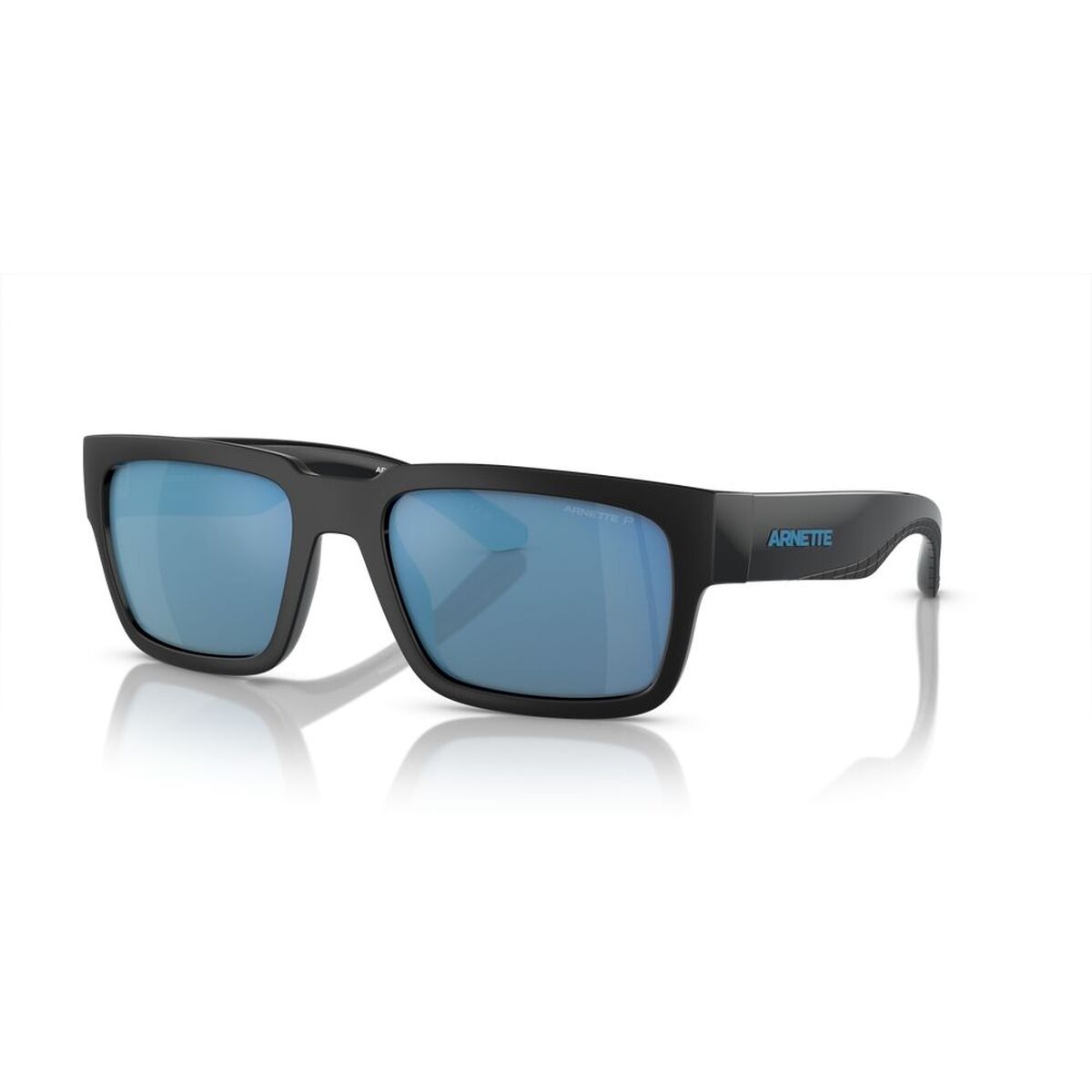 Zwarte Arnette zonnebril voor heren met blauwe glazen en trendy design.