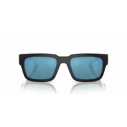 Zijaanzicht van de Arnette zonnebril met blauwe lenzen en een zwart montuur.