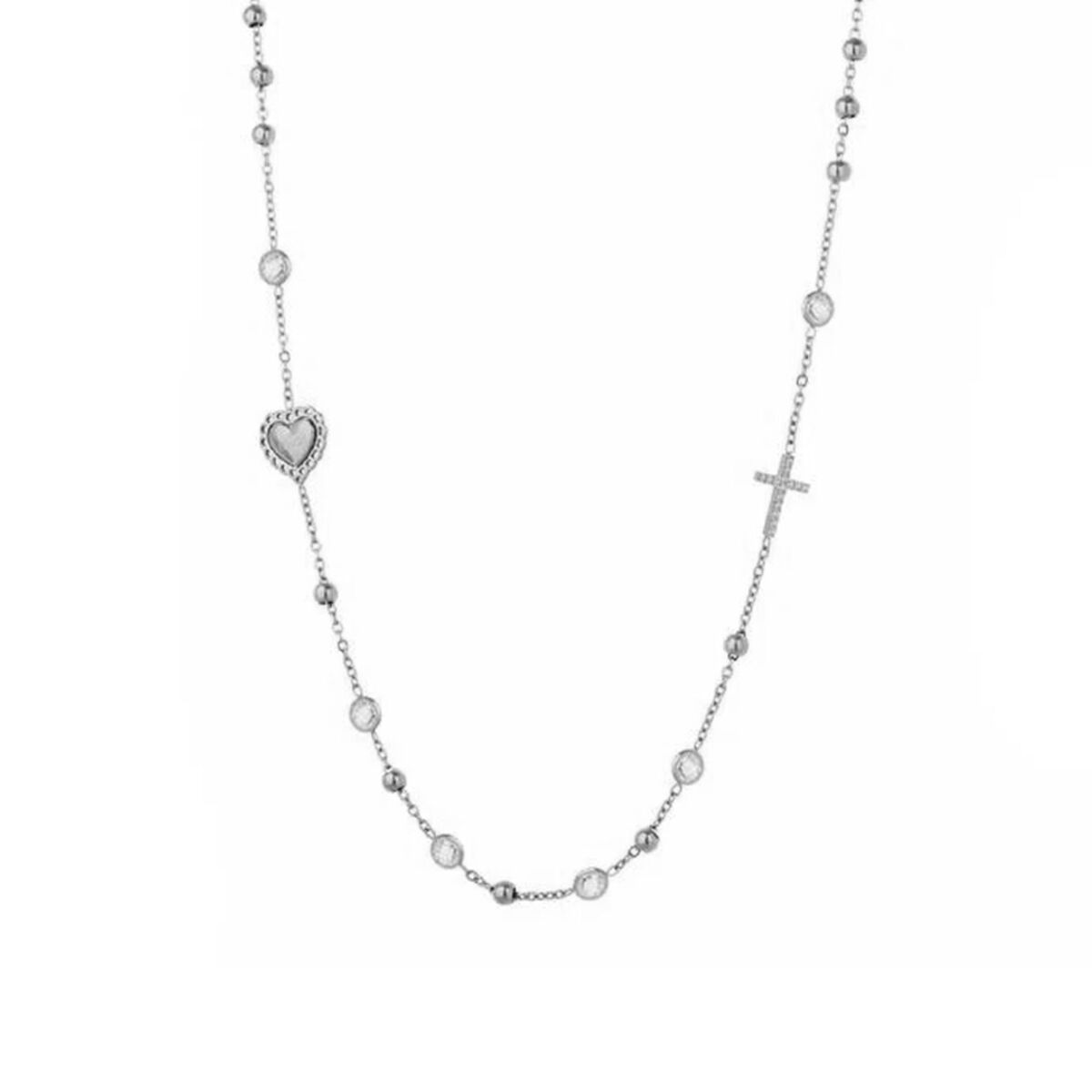 Zilverkleurige LIU JO ketting met hart- en kruisdetails, elegant ontwerp.