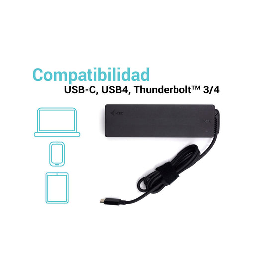 i-Tec Draagbare Oplader USB-C 100W in zwart met kabel en compatibiliteitssymbolen.