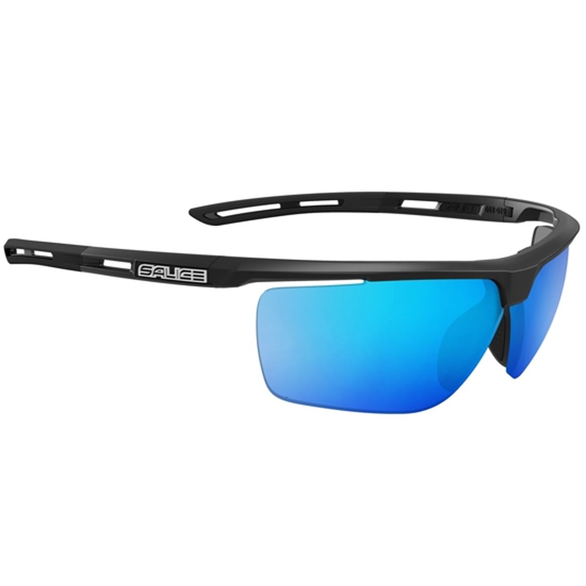 Salice Zonnebril Heren met lichtgewicht zwart frame en blauwe glazen.