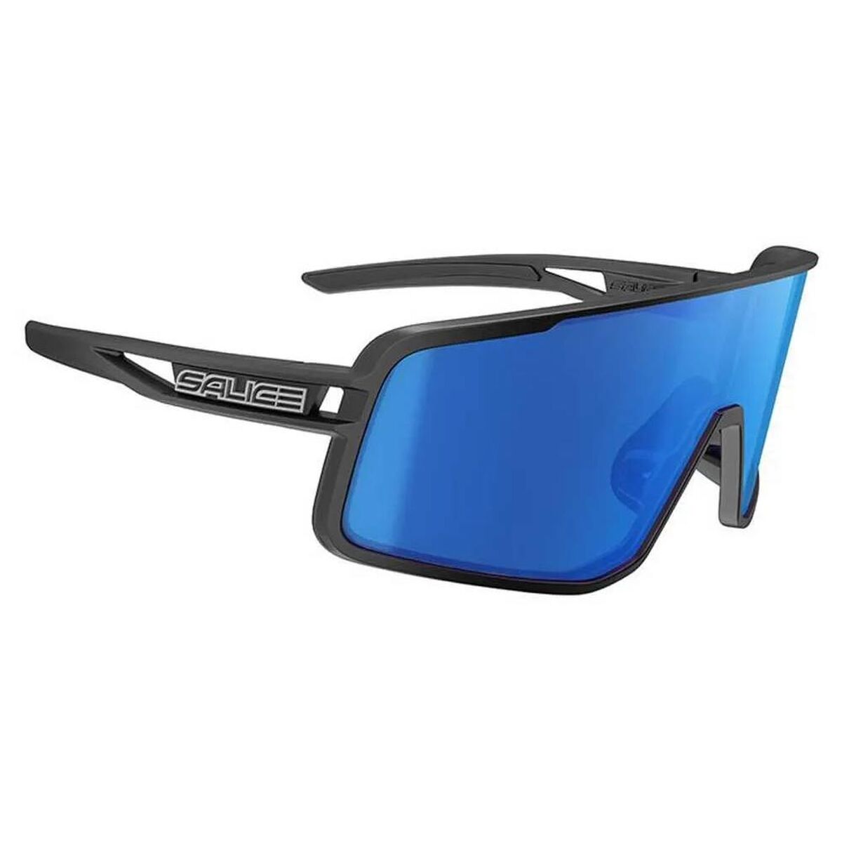 Salice Zonnebril Heren met blauw getinte glazen en zwart montuur, trendy en beschermend.