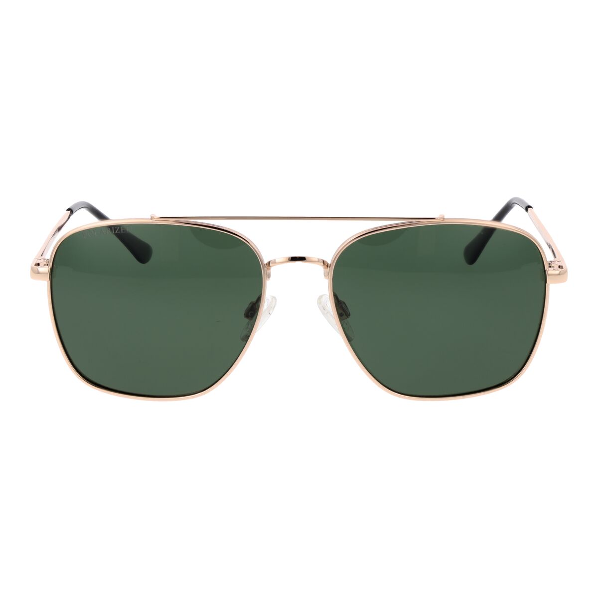 Trendy Replay zonnebril voor heren met groene glazen en gouden montuur, frontaanzicht.