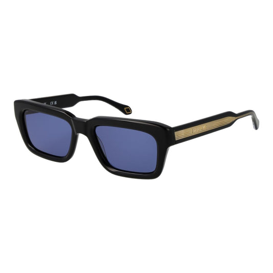 Trendy Replay zonnebril voor heren met blauwe glazen en zwart montuur.