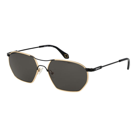 Trendy Replay zonnebril voor heren met UV400 bescherming in zwart-goud ontwerp.