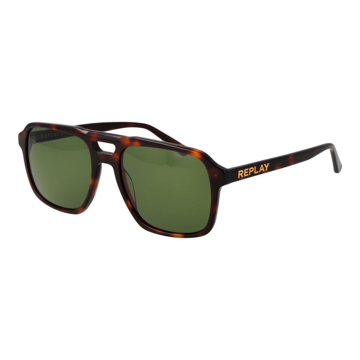 Modieuze Replay zonnebril voor heren met groene glazen en bruin tortoise montuur.