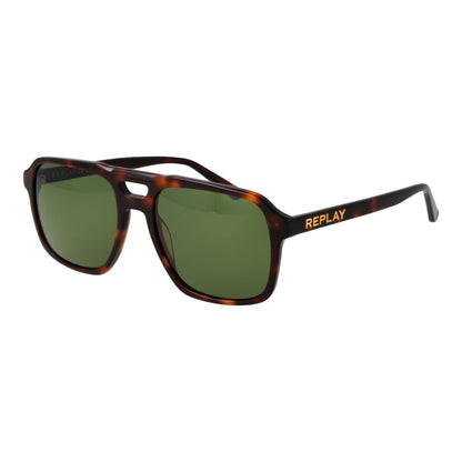 Modieuze Replay zonnebril voor heren met groene glazen en bruin tortoise montuur.