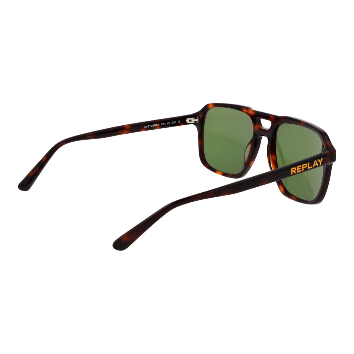Zijaanzicht van de Replay zonnebril RY677S met groene glazen en bruin tortoise montuur.