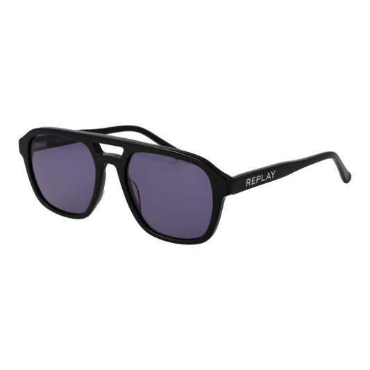 Zwarte Replay zonnebril voor heren met paarse glazen en trendy design.