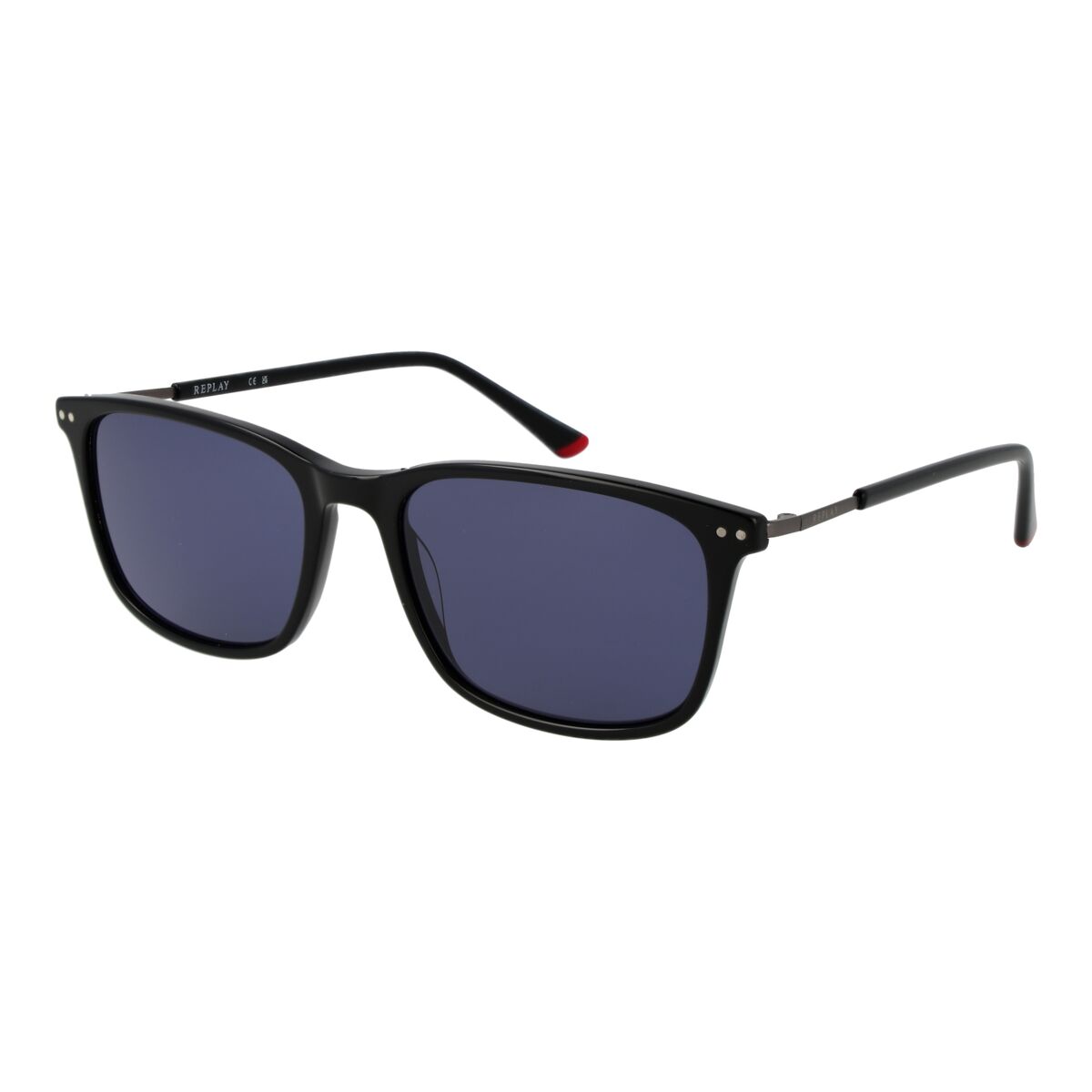 Trendy Replay zonnebril voor heren met UV400 bescherming, zwart met blauwe glazen.
