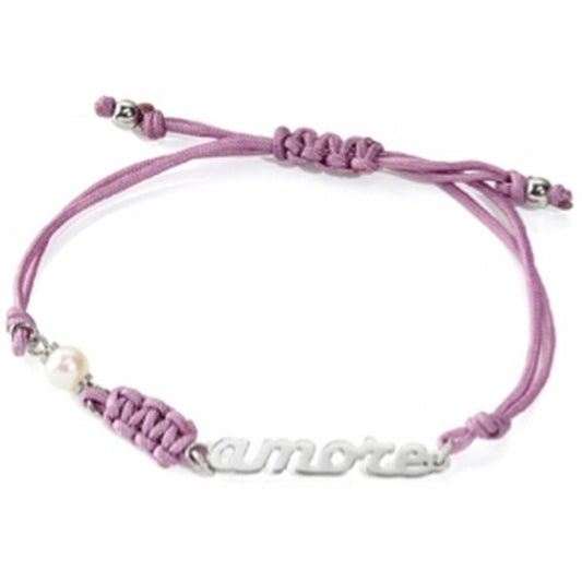 Zilverkleurige Morellato armband met 'amore' en paarse textielband.