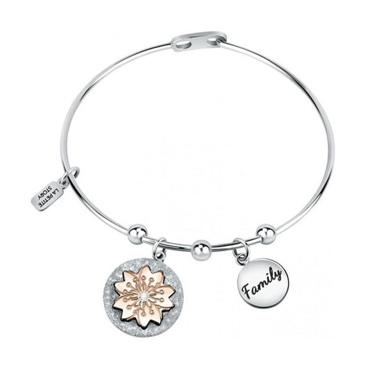 Verfijnde La Petite Story armband met zilveren en roségouden details en 'Family' hanger.