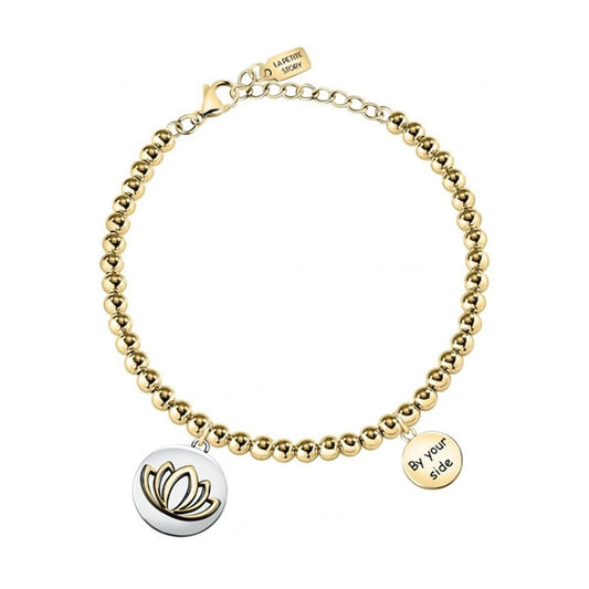 Verstelbare roestvrijstalen armband van La Petite Story met gouden kralen en lotusbedel.