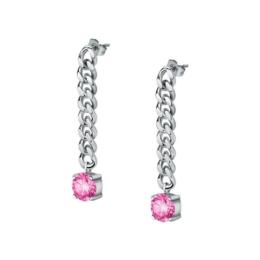 Zilveren Morellato oorbellen met elegante ketting en roze steen, vooraanzicht.