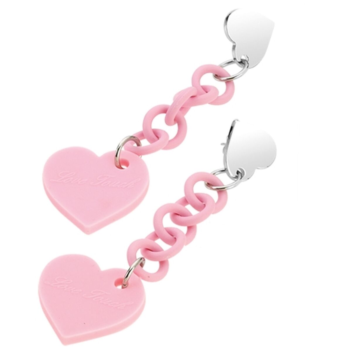 Roze Manuel Zed oorbellen met hartvormige hangers en schakelketting.