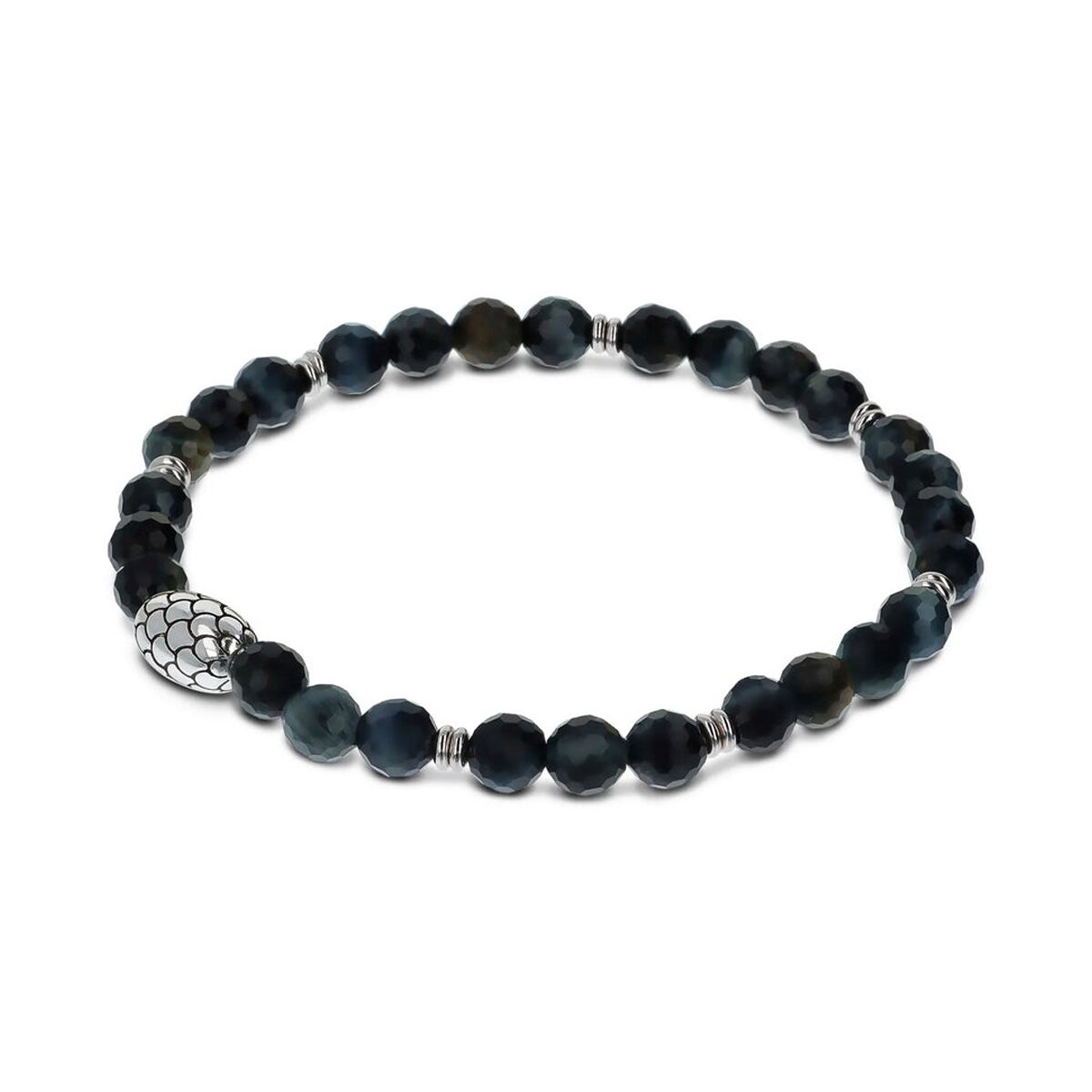 Zwarte elegante armband voor dames van Albert M., met glanzende kralen en een zilveren sluiting.
