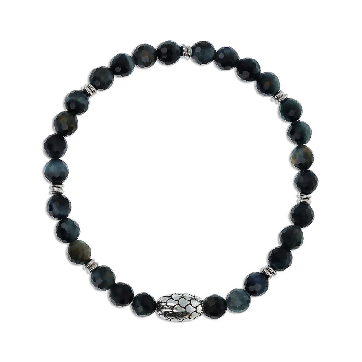 Detail van de zwarte Albert M. armband met glanzende kralen en metalen accenten.