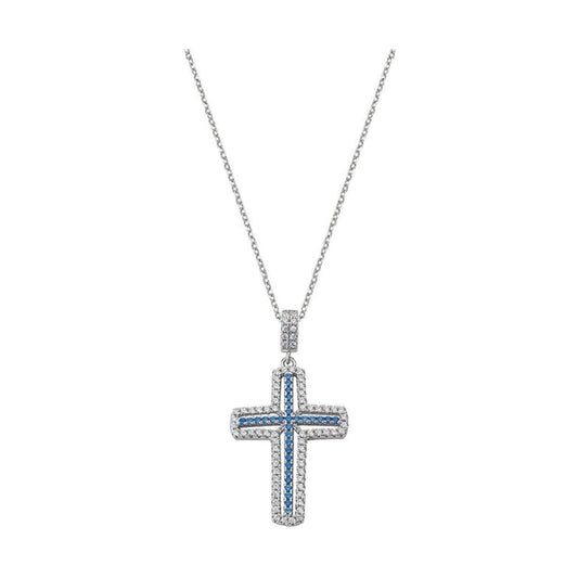 Amen dames ketting met een elegante kruisvorm, versierd met blauwe en transparante stenen.