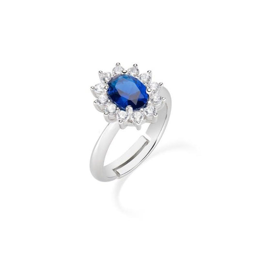 Verstelbare Amen ring voor dames met een tijdloze blauwe steen en zilveren details.