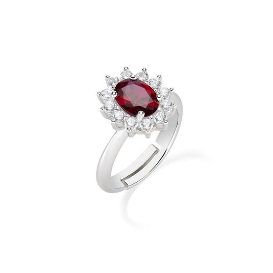 Amen Ring Dames maat 16 met elegante metaal afwerking en rode steen.