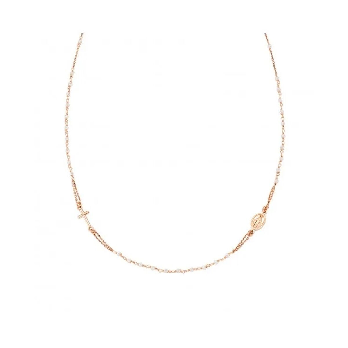 Elegante Amen ketting in roségoud met parel details en een kruisje.