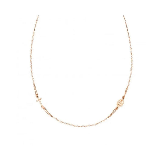 Elegante Amen ketting in roségoud met parel details en een kruisje.