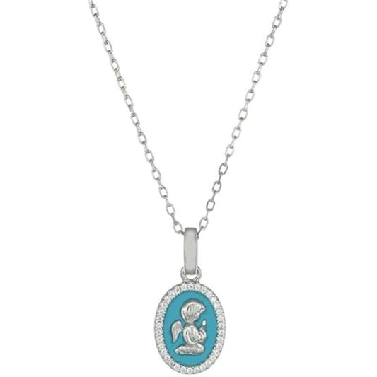 Amen ketting voor dames met blauw medaillon en zilverkleurige ketting.