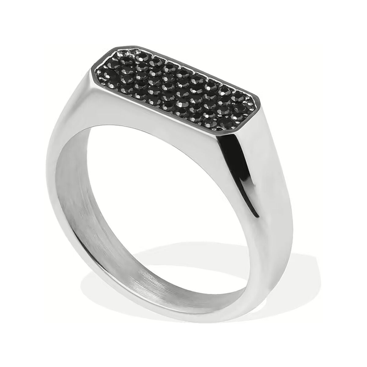 Zilverkleurige LIU JO ring met elegant zwart detail en moderne rechthoekige vorm.