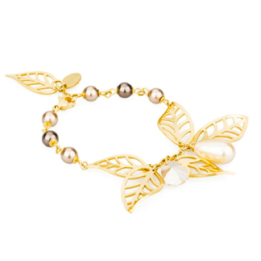 Brosway BLS13 damesarmband in roestvrijstaal met elegante bladeren en pareldetails.
