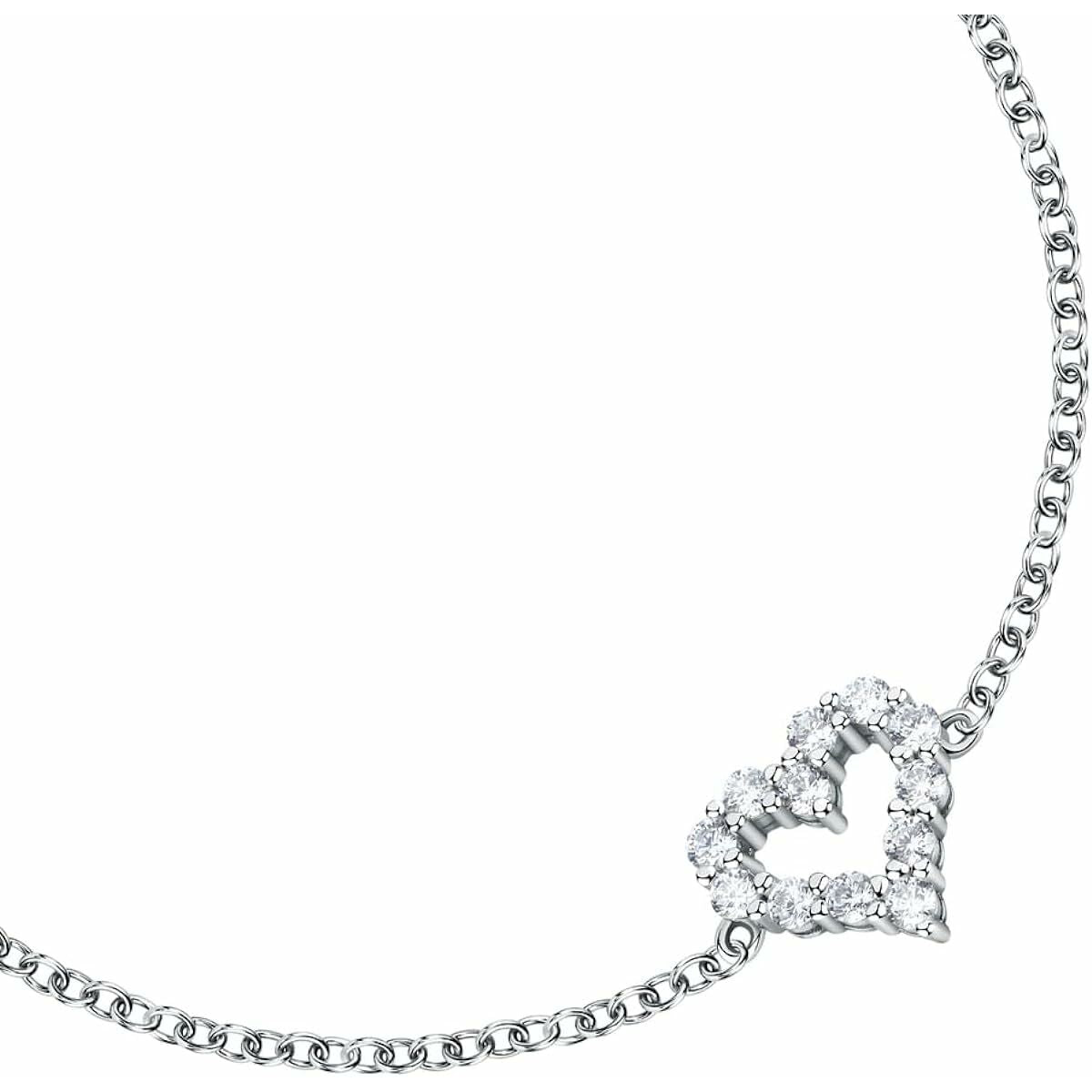 Detail van de Morellato armband met hartvormige zilveren bedel en sprankelende stenen.