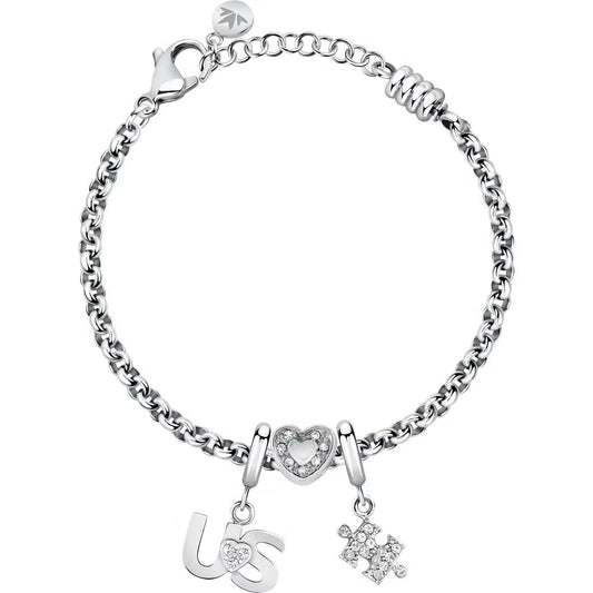 Zilverkleurige Morellato armband met hart- en letterbedels, elegant ontwerp.