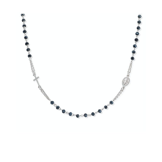 Amen ketting voor dames met elegante zwarte kralen en zilveren kruis.