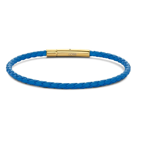 Blauwe CO88 Collection armband met een elegant, gevlochten ontwerp en gouden sluiting.