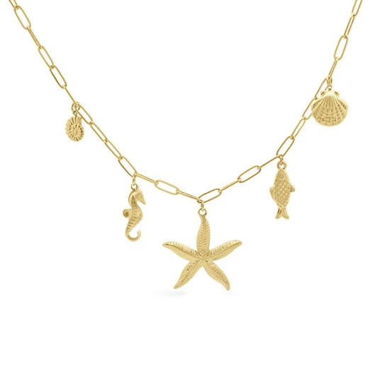 Gouden CO88 Collection ketting met zeeleven hangers, elegant en speels ontwerp.