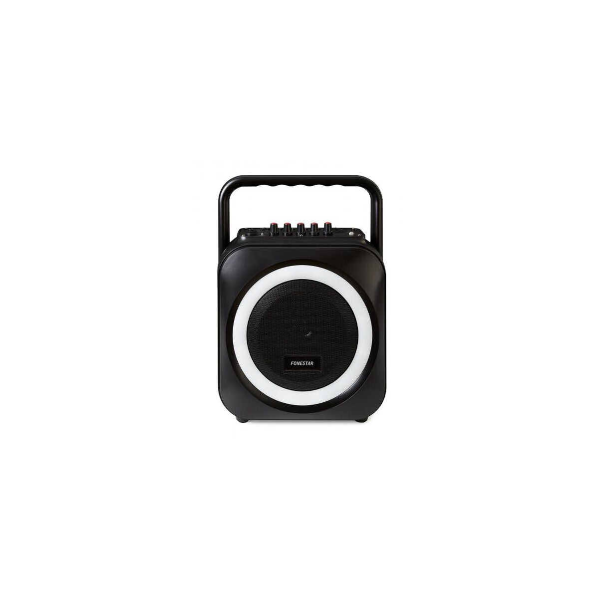 Zijaanzicht van de FONESTAR BOX-35LED luidspreker met handvat en bedieningselementen.
