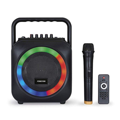 FONESTAR BOX-35LED luidspreker met kleurrijke LED-ring, afstandsbediening en microfoon.