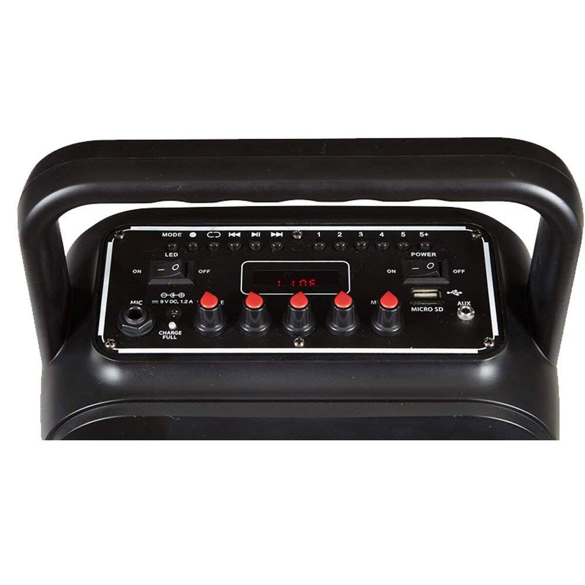 Close-up van het bedieningspaneel van de FONESTAR BOX-35LED met knoppen en display.