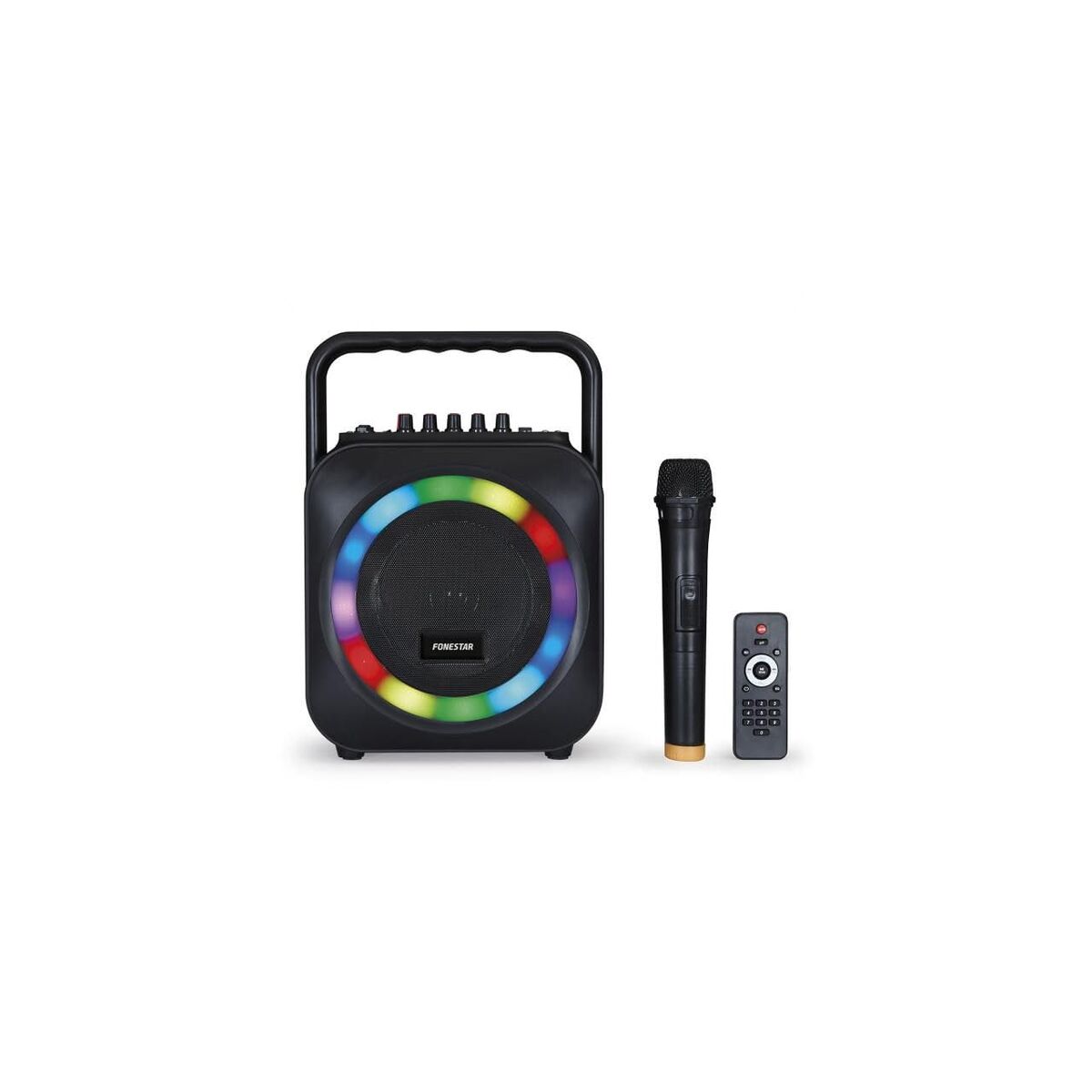 Zwart FONESTAR BOX-35LED luidspreker met kleurrijke verlichting en afstandsbediening.