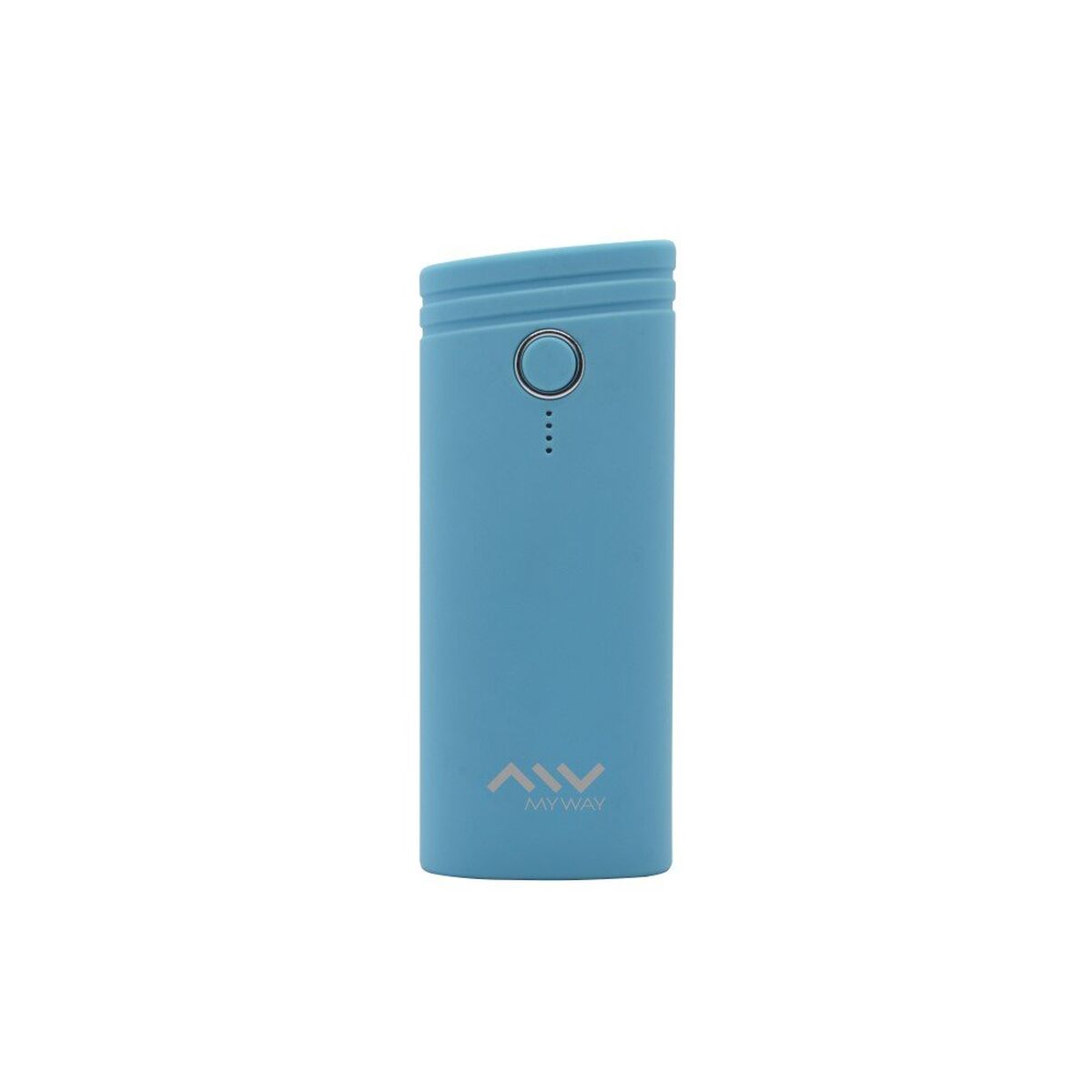Myway Powerbank in blauw, compact en draagbaar ontwerp met LED-indicator.