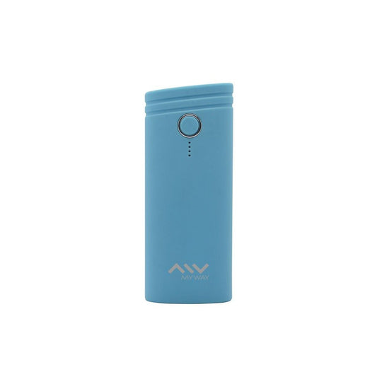 Myway Powerbank in blauw, compact en draagbaar ontwerp met LED-indicator.