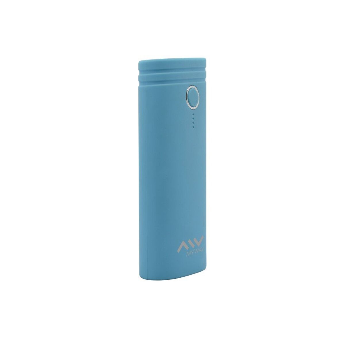 Detail van de blauwe Myway Powerbank met een strak en stijlvol ontwerp.