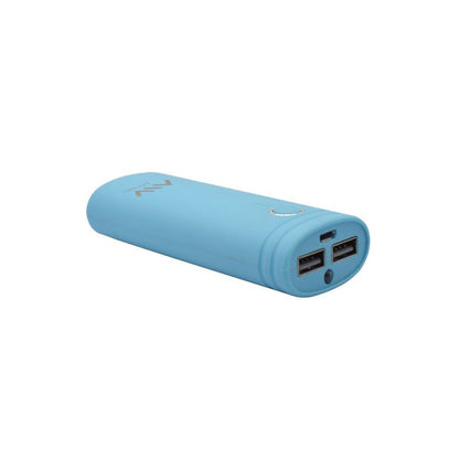 Zijaanzicht van de Myway Powerbank in blauw met twee USB-poorten.