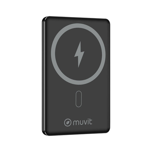 Muvit for Change powerbank in zwart aluminium met draadloze oplaadfunctie.
