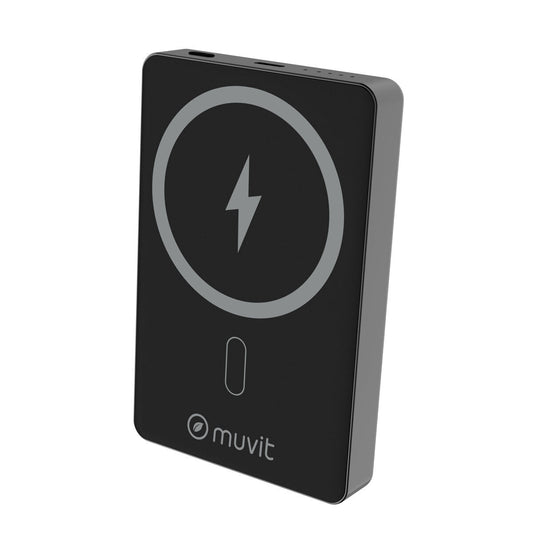 Muvit for Change powerbank in zwart aluminium met draadloos oplaadicoon.