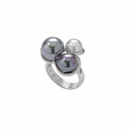 Elegante Majorica ring met drie parels in verschillende kleuren, tijdloos sieraad voor dames.
