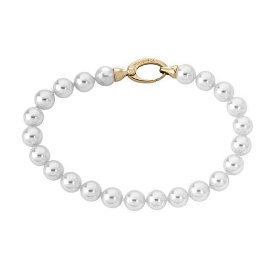 Majorica armband voor dames met elegante witte parels en een gouden sluiting.