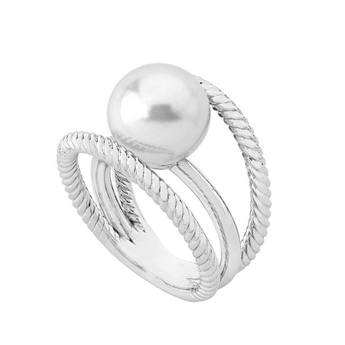 Zilverkleurige Majorica ring met elegante parel en gedraaide band, vooraanzicht.